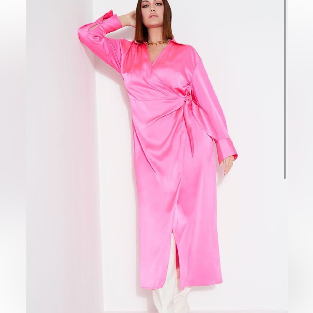 Eloquii Bright Pink Satin Maxi Wrap Dress - Picture 5 of 9
